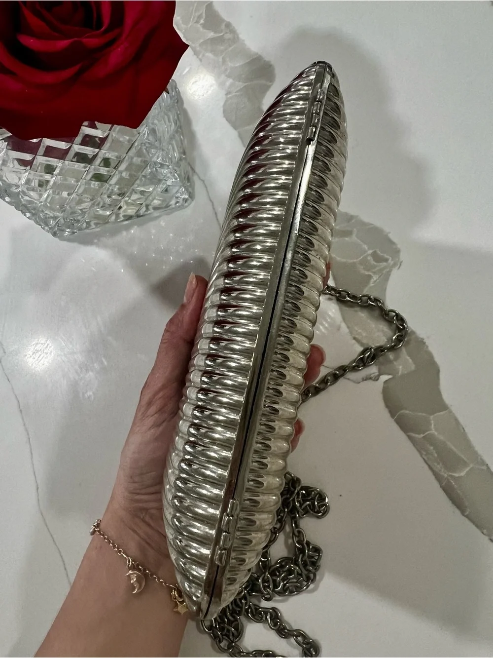 HUSER Silver Steel Hard Case Clutch Evening Bag Ribbed Chain Strap Crystal Clasp